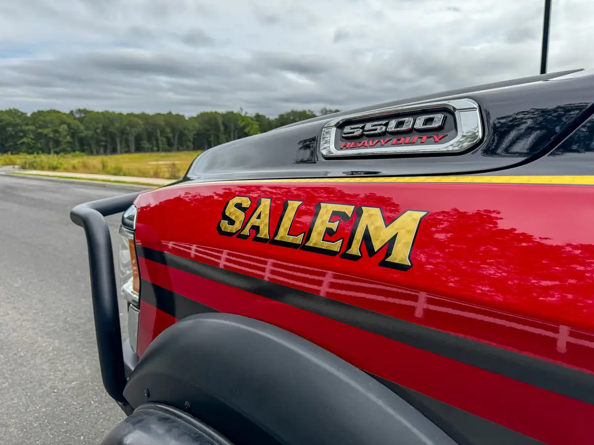 Body shield emblem close-up on chevron rear corner panel.